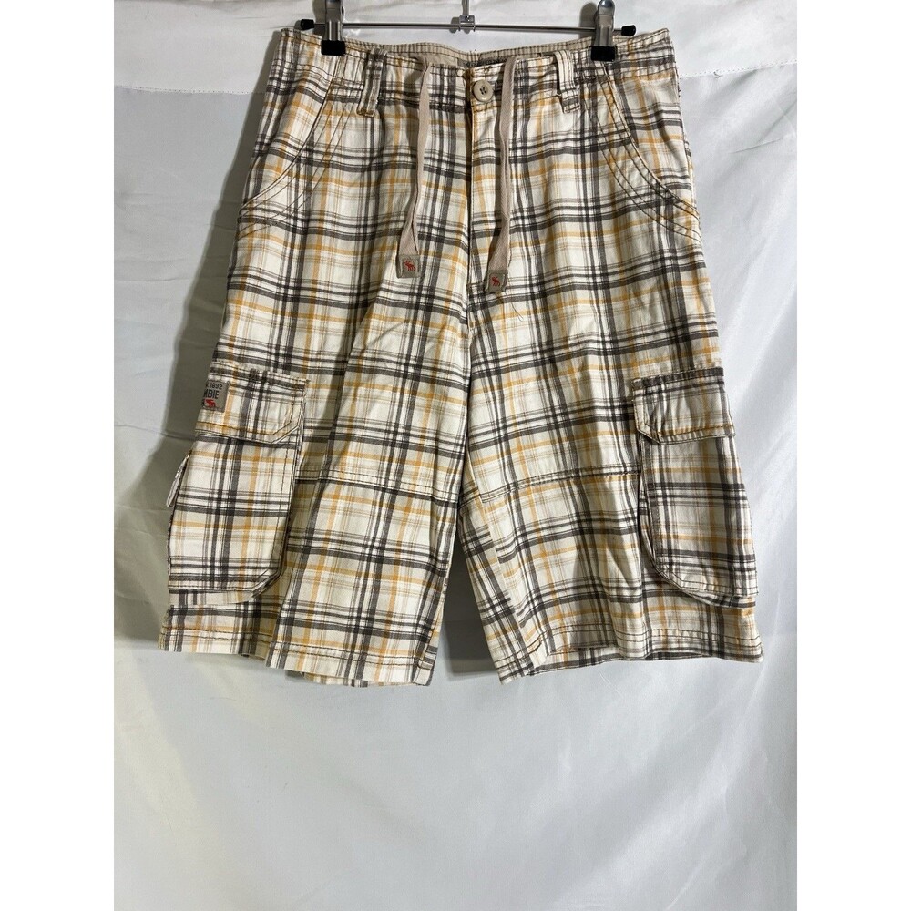 Abercrombie & Fitch Shorts Men's 30 Brown & Yellow Plaid Bermuda Drawstring Logo
